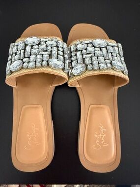 Crown Vintage Tan Jeweled Slide Sandals